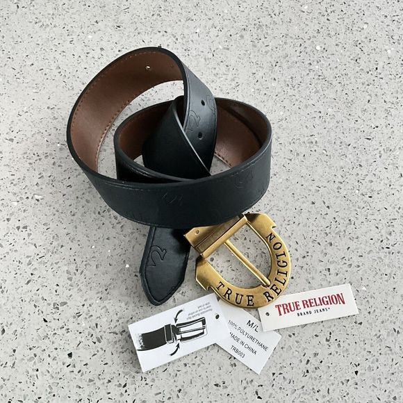 + True Religion Belt Black Brown Reversible Logo Imprint Gold-tone Horseshoe - Picture 8 of 9